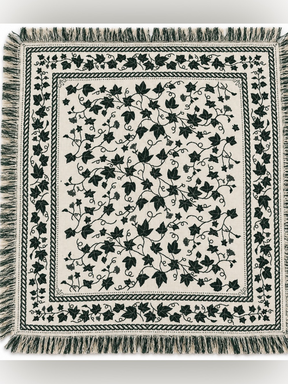Vintage Green and White Woven Ivy Throw Blanket with Fringe